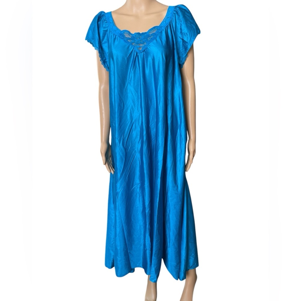 Colesce Collection Vintage 80s Blue Silky Floral Lace Maxi Evening Sleep Dress